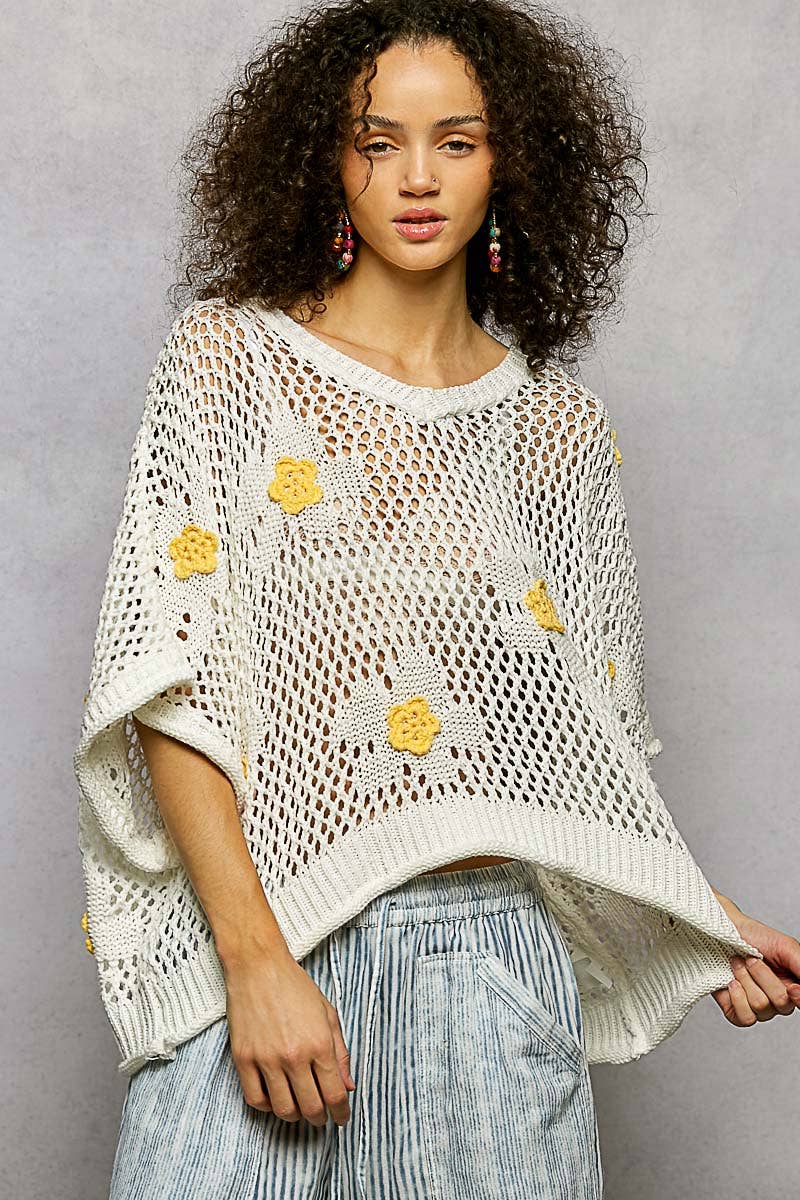 "Bloomin' Filly" Floral Patch Open Sweater Top Ivory Yellow