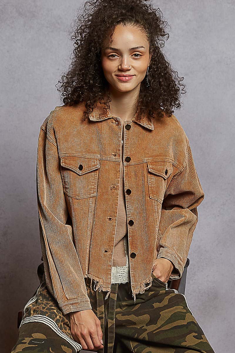 "Bobbie" Destroyed Hem Corduroy Jacket in Teddy Bear Brown