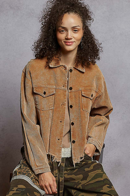 "Bobbie" Destroyed Hem Corduroy Jacket in Teddy Bear Brown