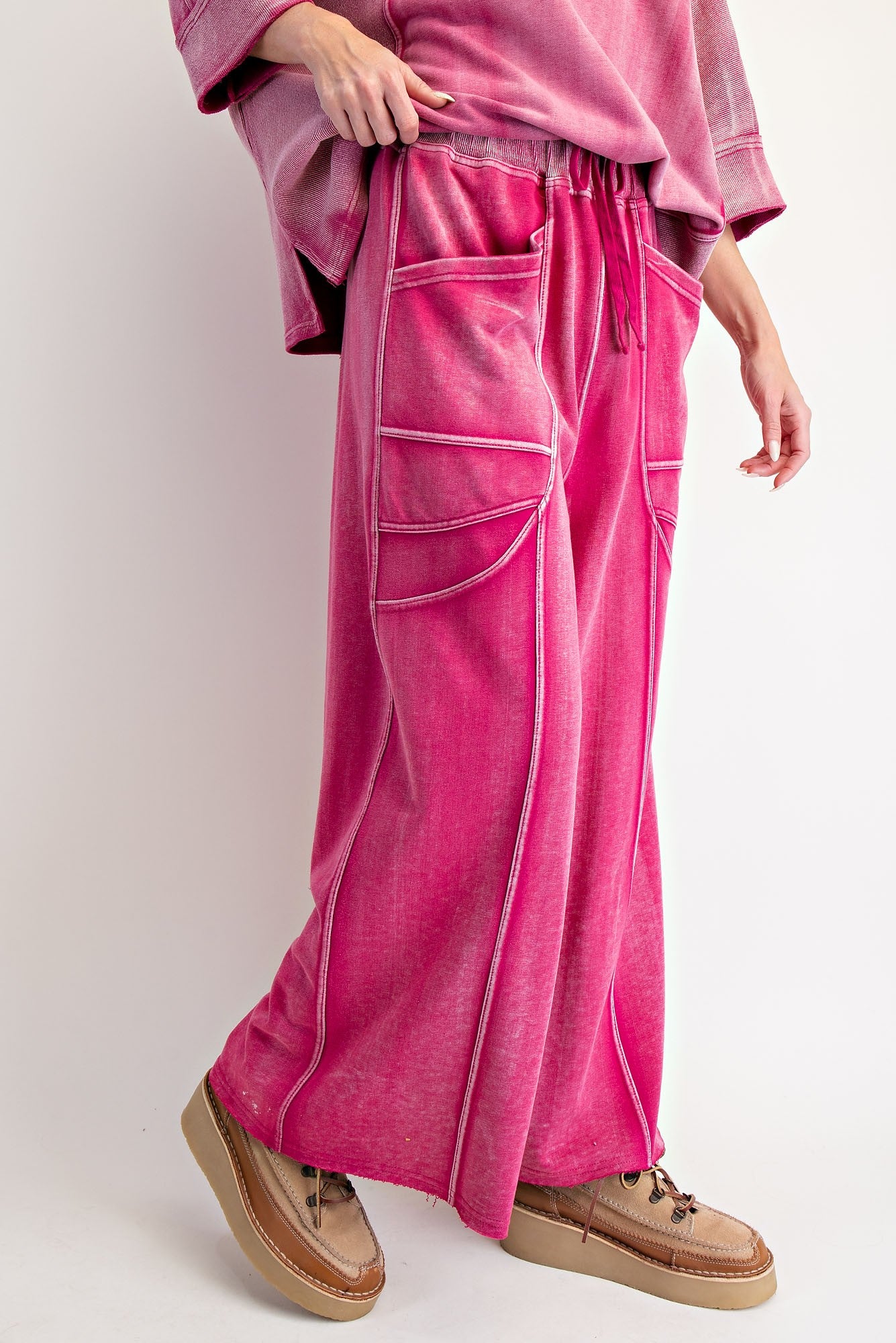 "Margot" Wide Leg French Terry Pants in Fuchsia