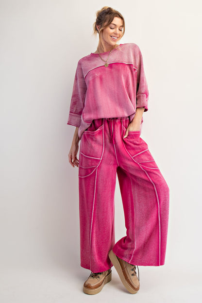 "Margot" Wide Leg French Terry Pants in Fuchsia
