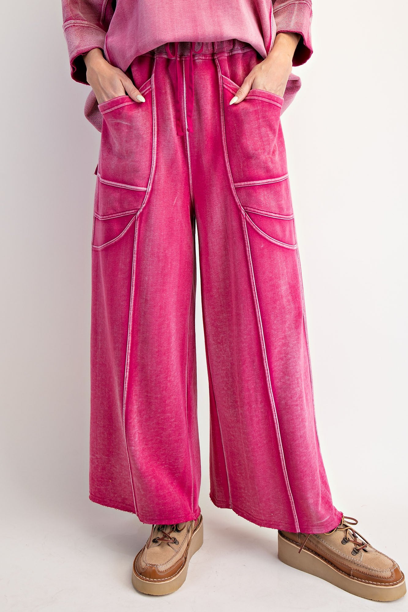 "Margot" Wide Leg French Terry Pants in Fuchsia
