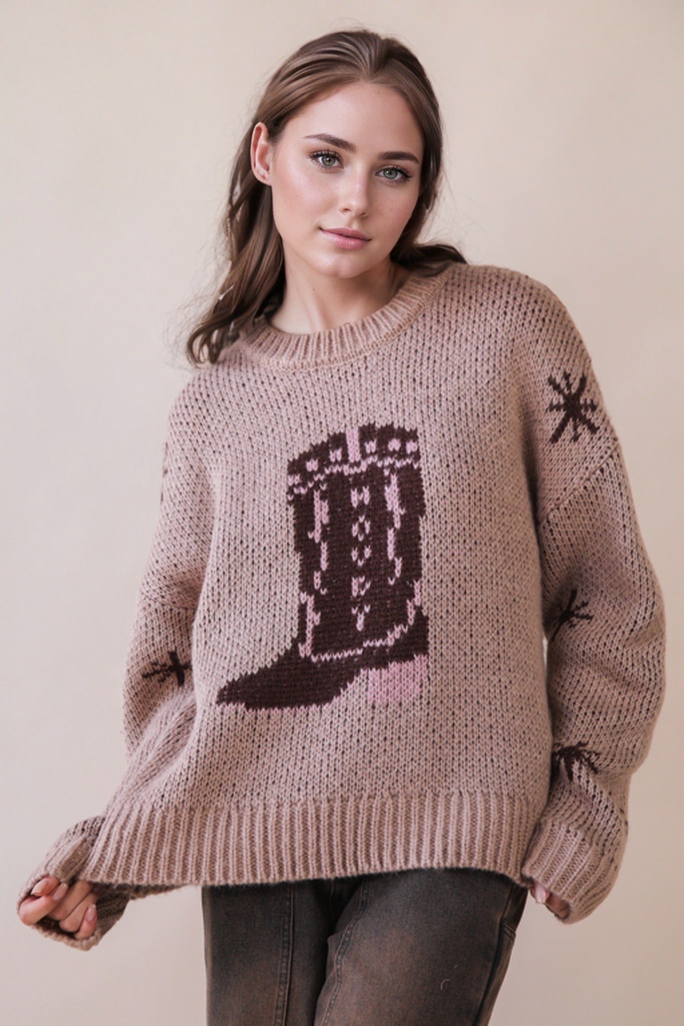 "Howdy" Cowboy Boot Graphic Knit Sweater Mocha