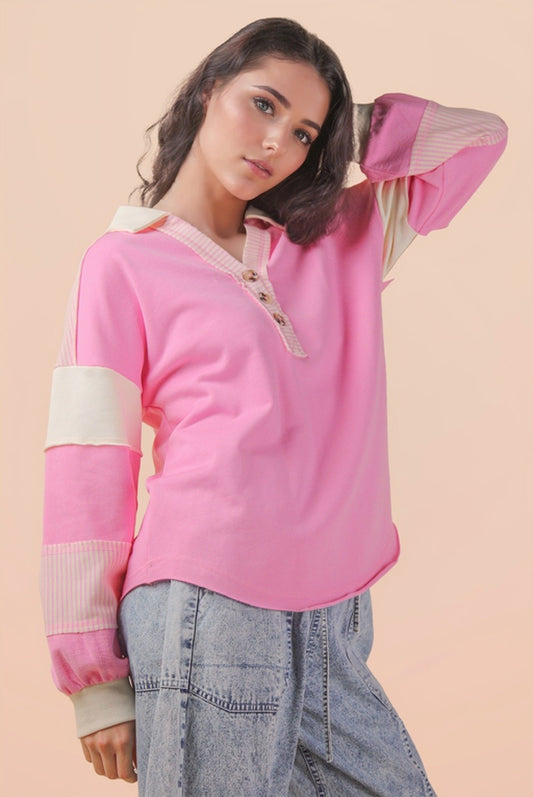 "Kenzie" Color Block Knit Top in Pink & Cream
