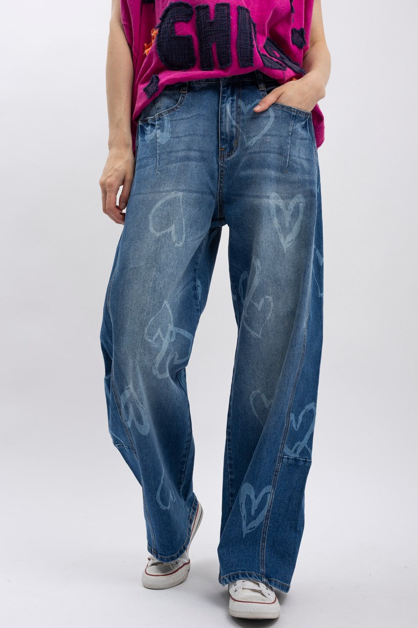 "Lovely" Abstract Heart Barrel Jeans
