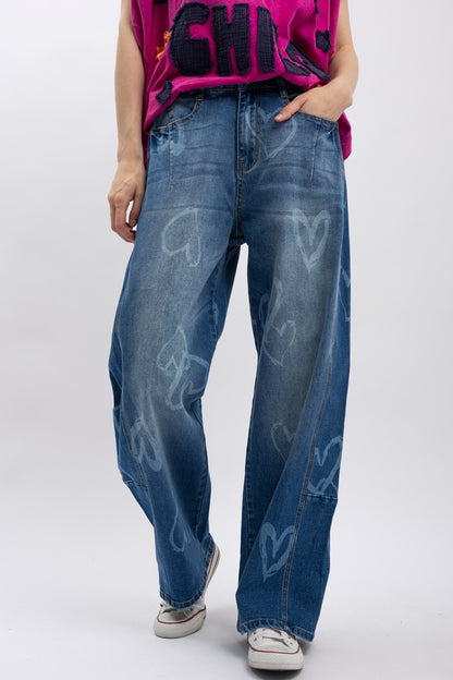 "Lovely" Abstract Heart Barrel Jeans