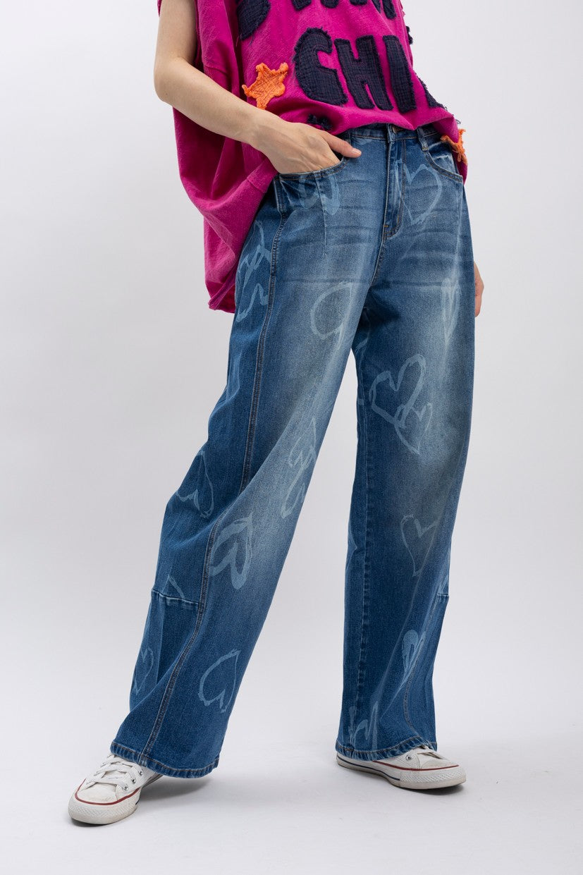 "Lovely" Abstract Heart Barrel Jeans