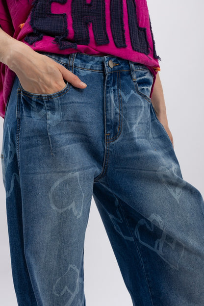 "Lovely" Abstract Heart Barrel Jeans
