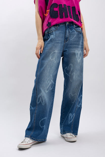 "Lovely" Abstract Heart Barrel Jeans