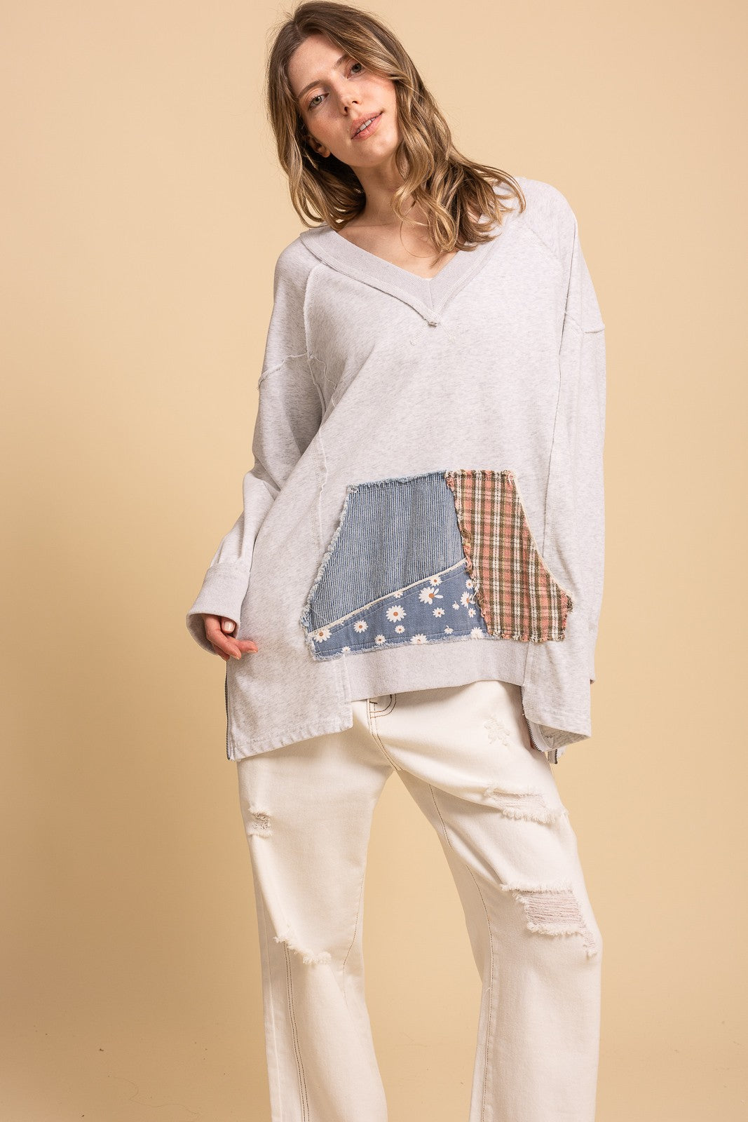 "Joey" Heather Gray Blue Kangaroo Pocket Top