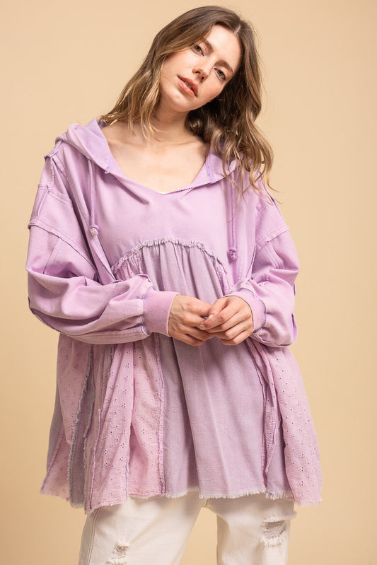 "Sweet Girl" Eyelet Babydoll Hoodie in Lavender