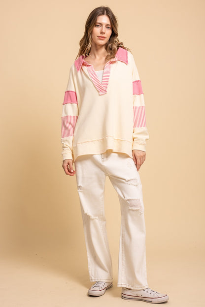 "Lexie" Stripe Collar Pullover Pink Cream