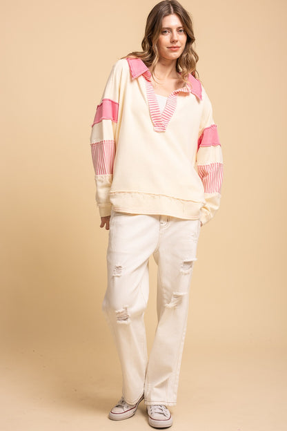 "Lexie" Stripe Collar Pullover Pink Cream