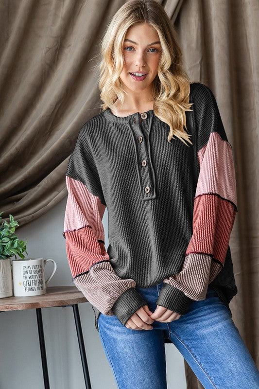 "Pink Shadow" Ribbed Color Block Top in Charcoal and Pinks