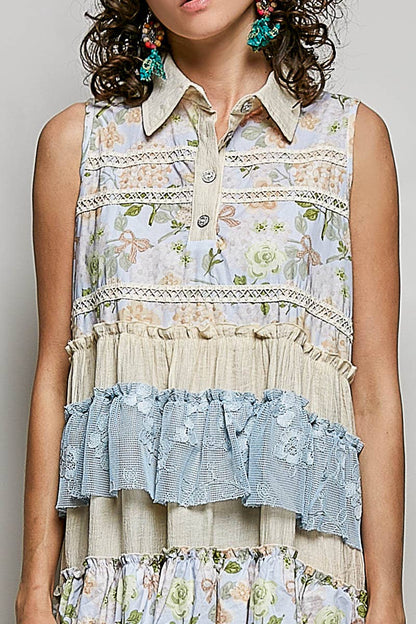 "Danielle" Floral Lace Ruffle Maxi Dress Cream Blue