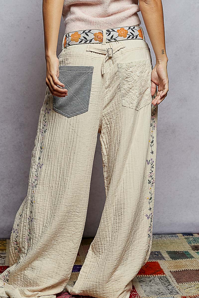 "Driftwood" Sand Beige Lace Detail Double Gauze Pants