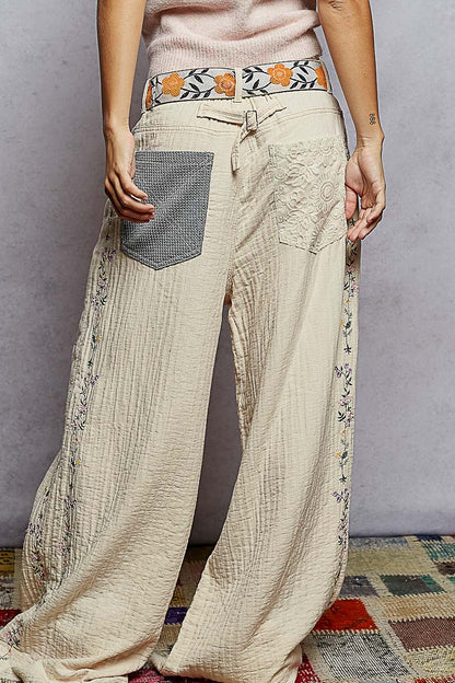 "Driftwood" Sand Beige Lace Detail Double Gauze Pants