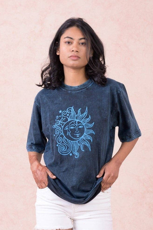 "Sun Moon" Cotton Tee Shirt in Blue