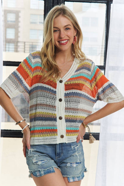 "Angie" Striped Button Up Cardigan Sweater Orange