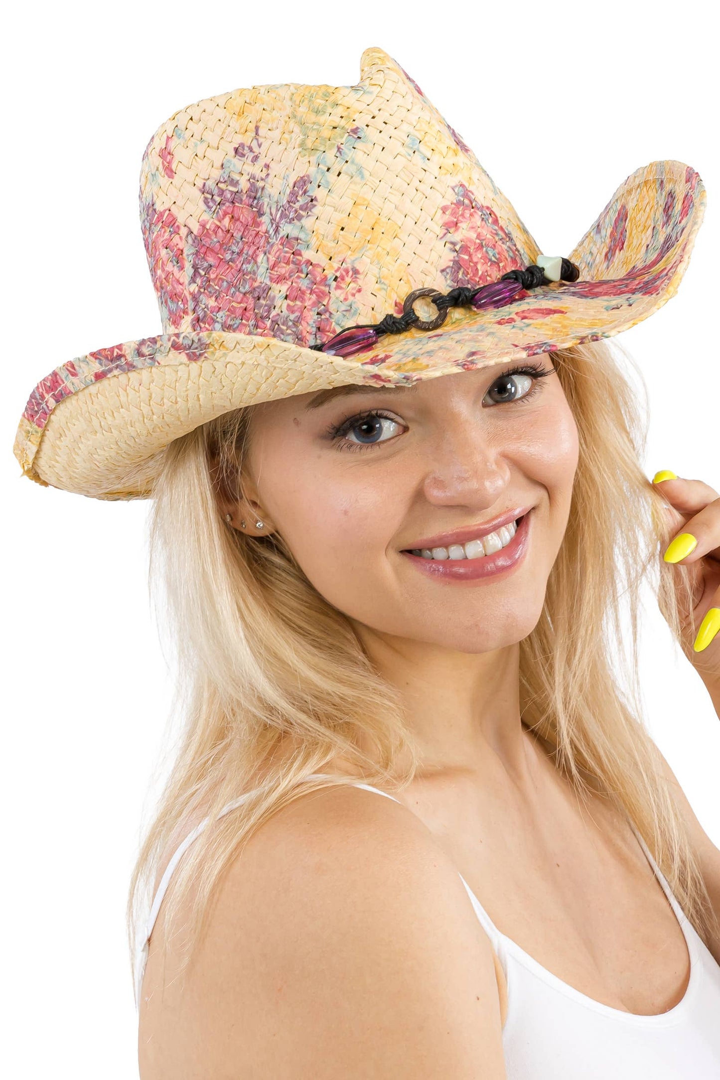 "Poppy" Floral Print Raffia Straw Cowboy Hat