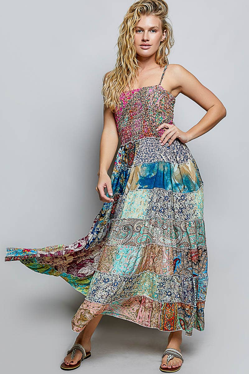 "Boho Patch" Square Neck Smocked Maxi Dress