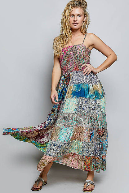 "Boho Patch" Square Neck Smocked Maxi Dress