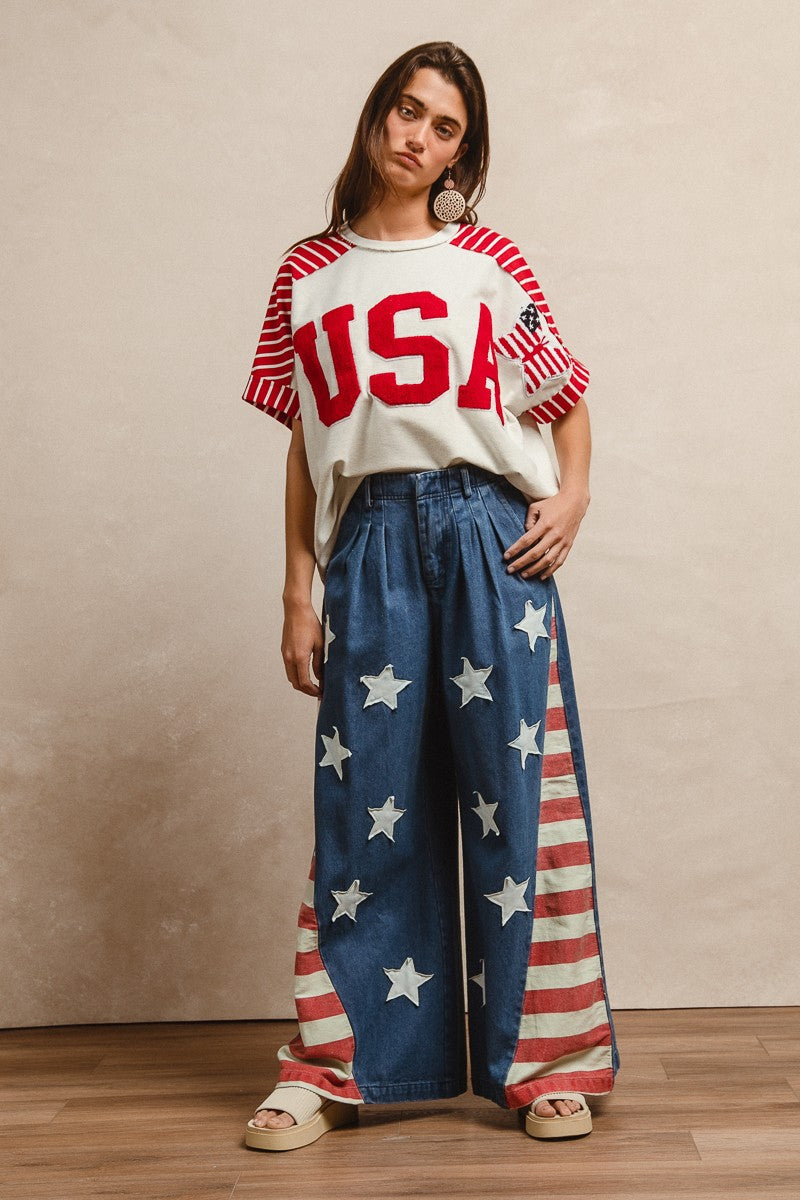 "Independence" American Flag Wide Leg Jeans