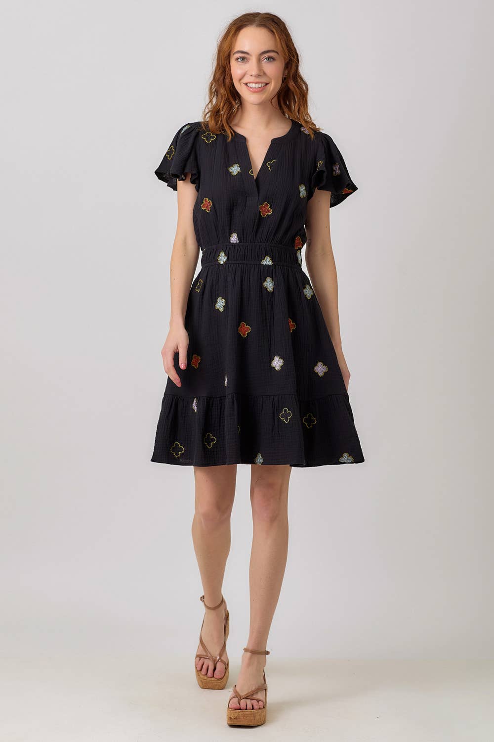 "Dayna" Embroidered Double Gauze Dress in Black