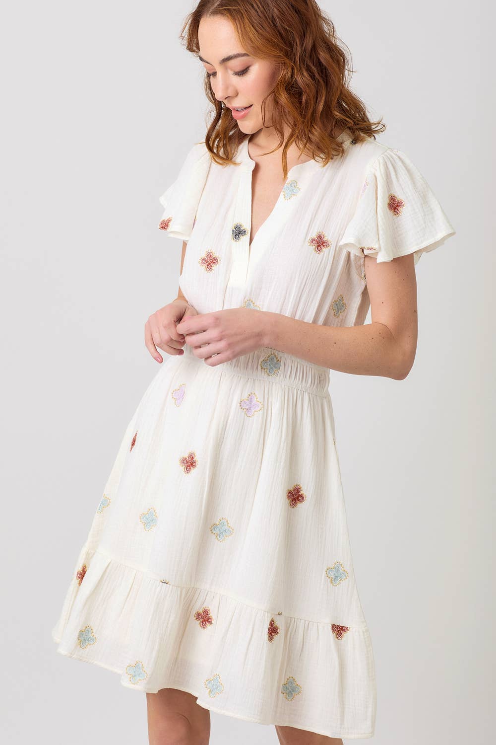 "Dayna" Embroidery Double Gauze Dress in Off White