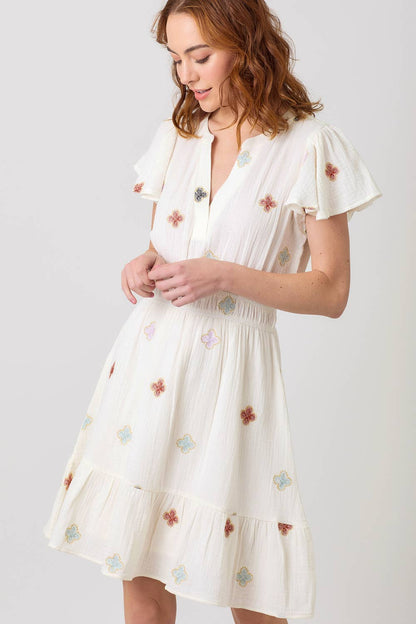 "Dayna" Embroidery Double Gauze Dress in Off White