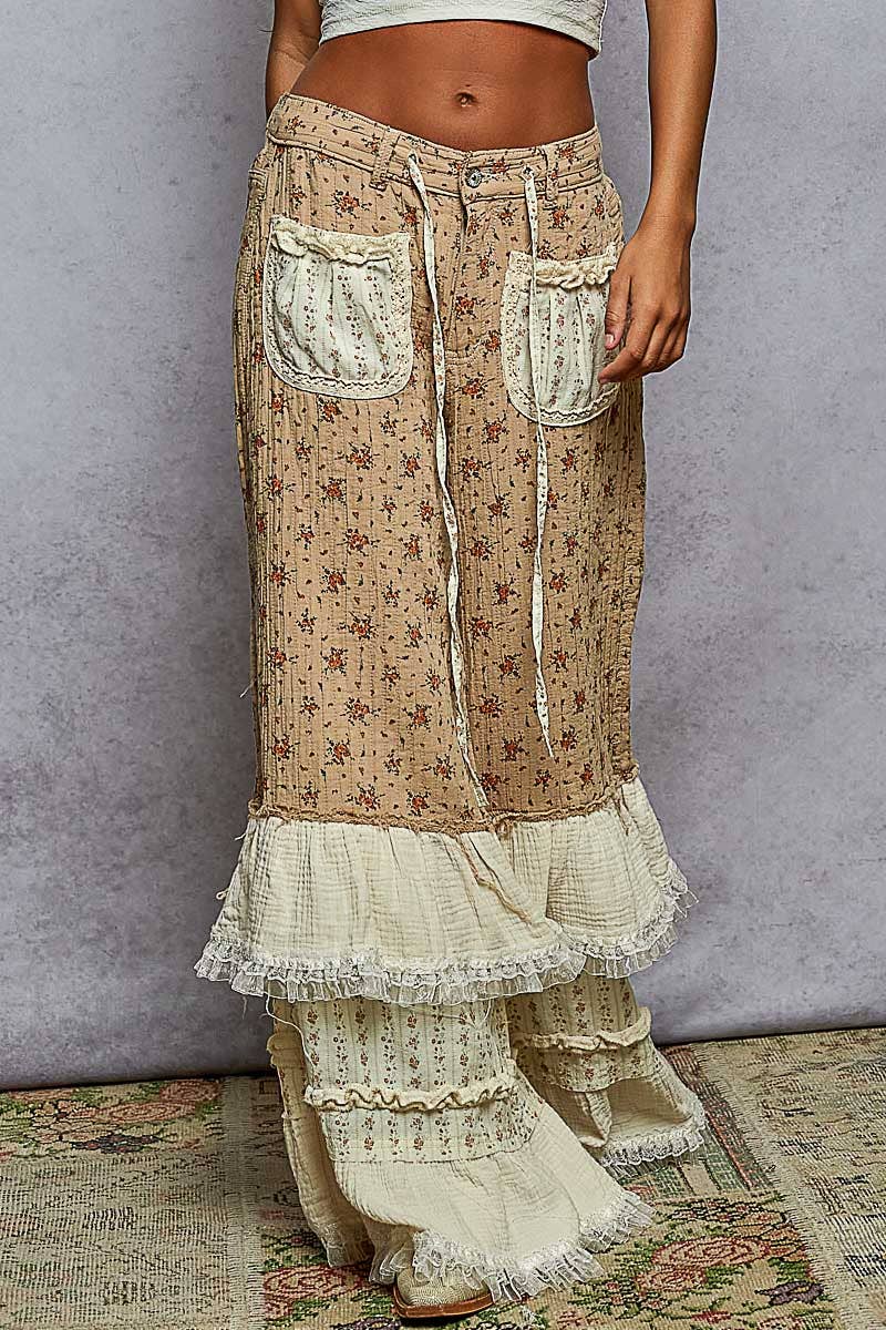 "Daphne" Double Gauze Floral Ruffle Wide Leg Pants Mocha