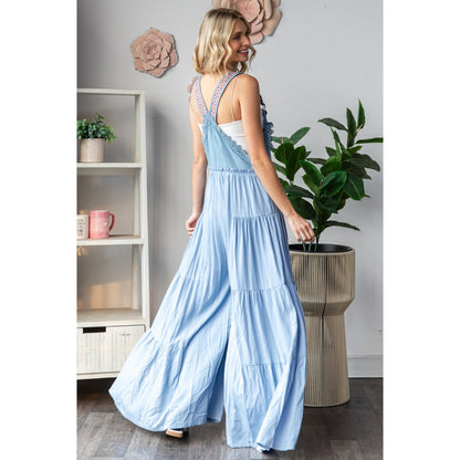 "Freedom" Embroidered Overall Wide Leg Romper in Blue