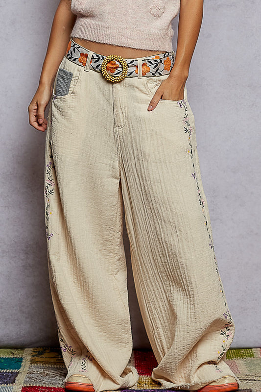 "Driftwood" Sand Beige Lace Detail Double Gauze Pants