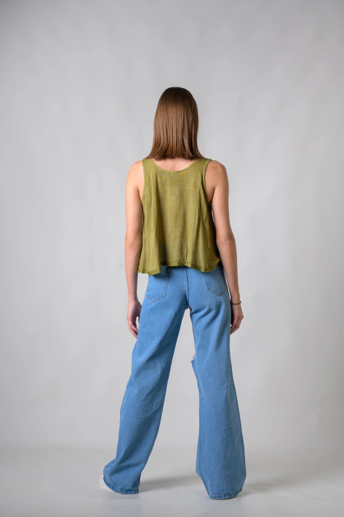 "Petticoat" Sleeveless Viscose Tank Top in Olive Green