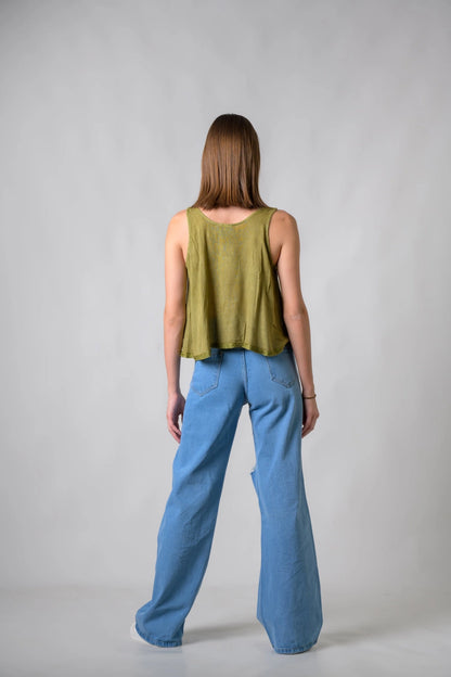 "Petticoat" Sleeveless Viscose Tank Top in Olive Green