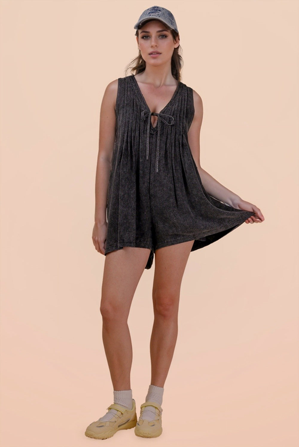 "Sweet Jumper" Pleated Shorts Romper in Washed Black