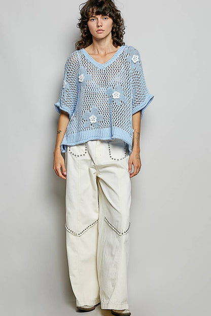 "Bloomin' Filly" Floral Patch Open Sweater Top Sky Blue