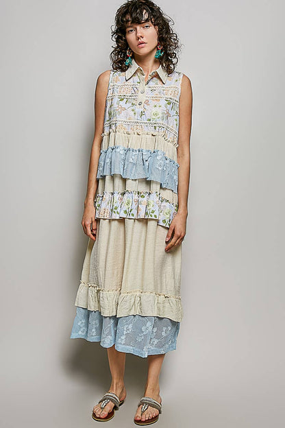"Danielle" Floral Lace Ruffle Maxi Dress Cream Blue