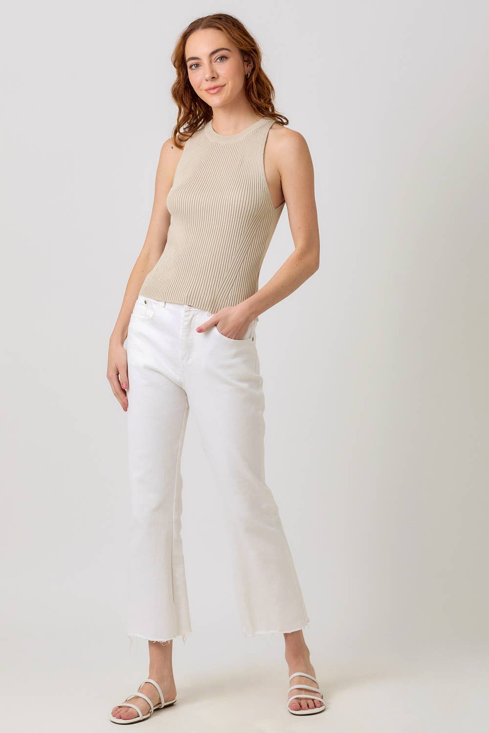 "Route 66" Halter Neck Ribbed Tank in Stone