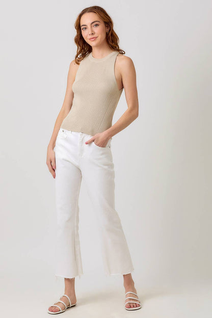 "Route 66" Halter Neck Ribbed Tank in Stone