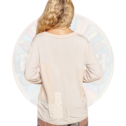 "Tonya" V-Neck Contrast Jersey Top in Beige