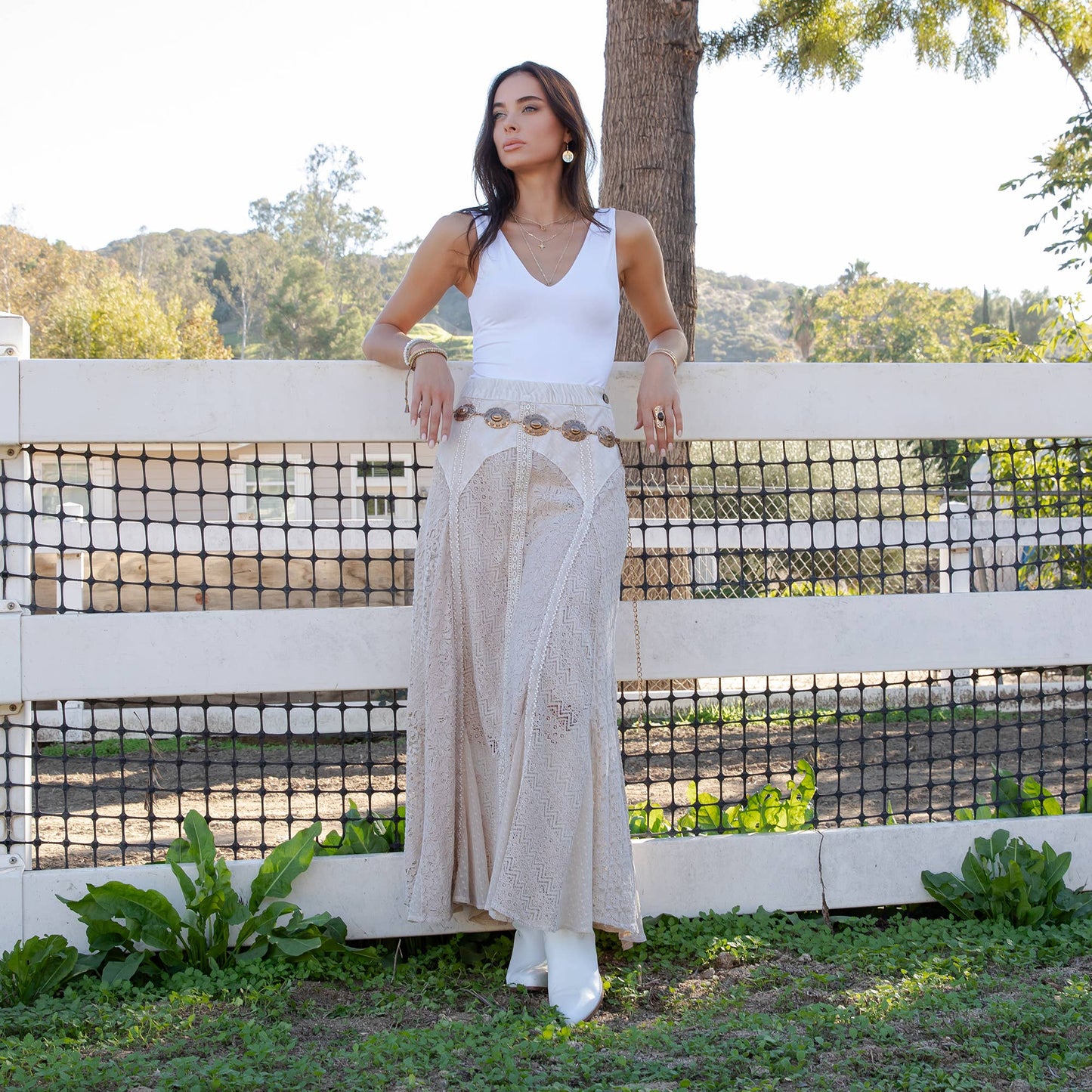 "Sarah" Prairie Maxi Skirt Denim & Lace in Latte