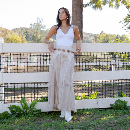"Sarah" Prairie Maxi Skirt Denim & Lace in Latte