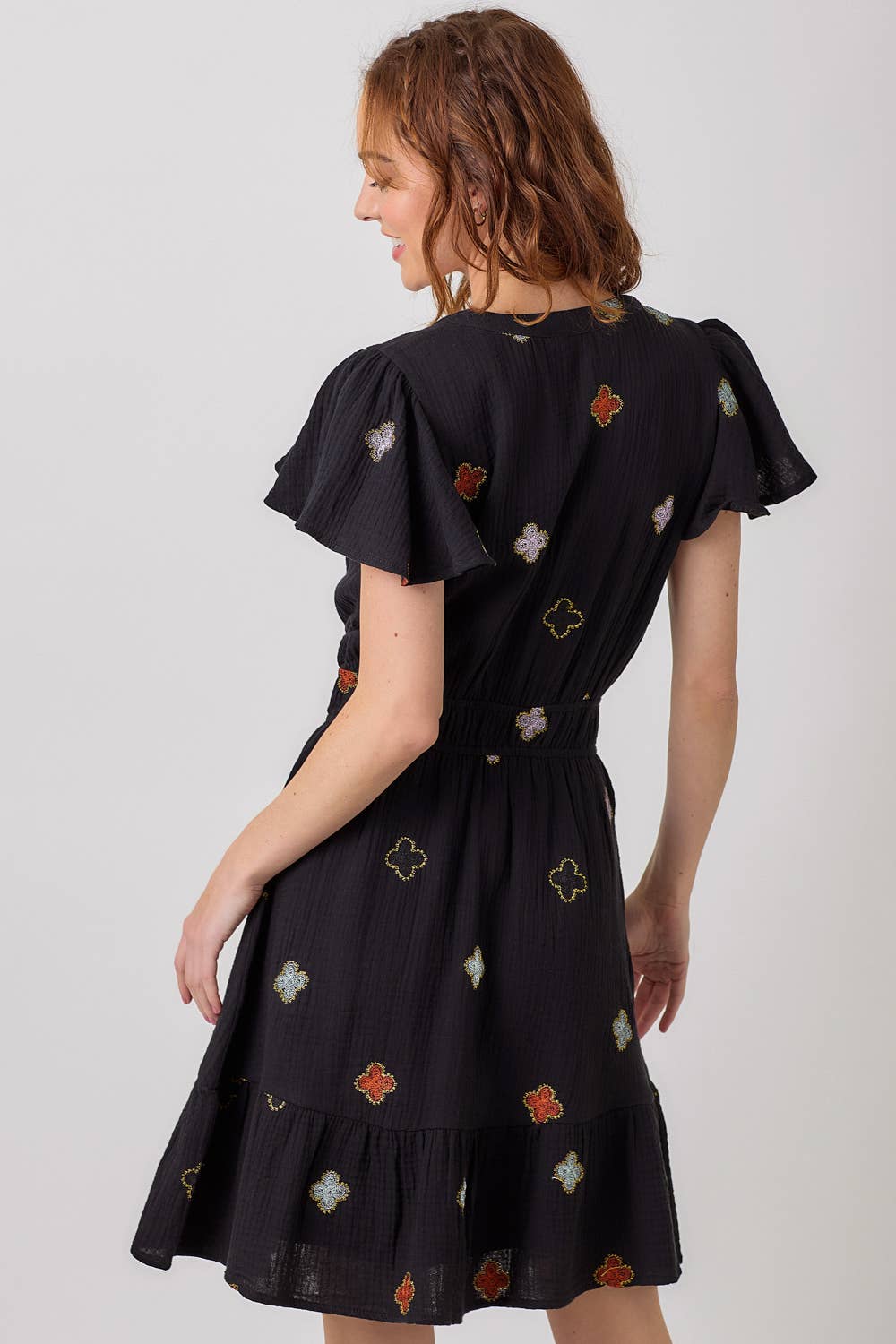 "Dayna" Embroidered Double Gauze Dress in Black