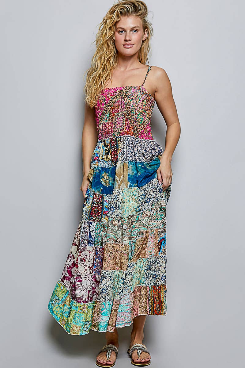"Boho Patch" Square Neck Smocked Maxi Dress