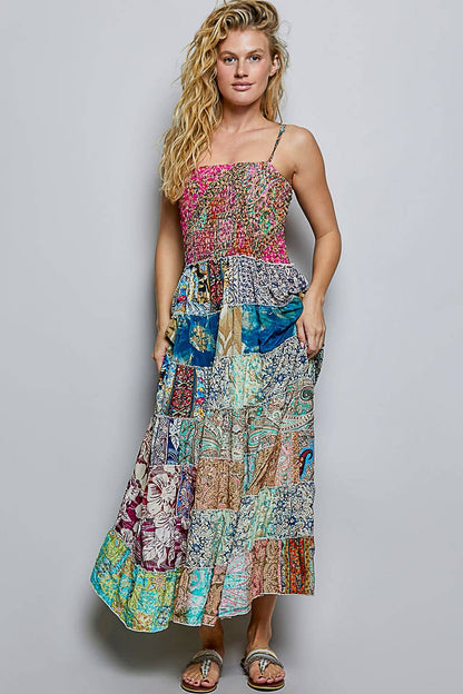 "Boho Patch" Square Neck Smocked Maxi Dress