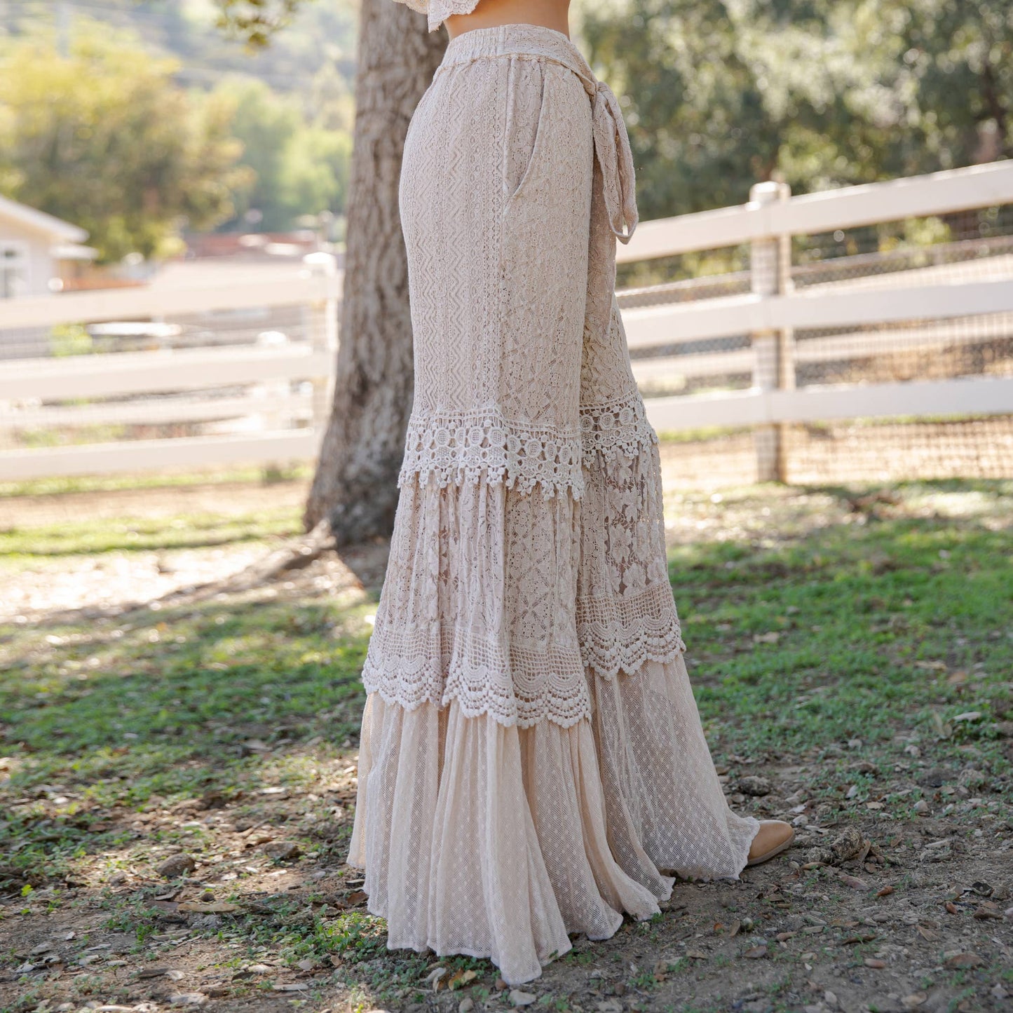 "Desert Dream" Lace & Voile Wide Leg Pant in Latte