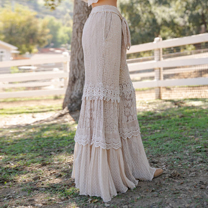 "Desert Dream" Lace & Voile Wide Leg Pant in Latte
