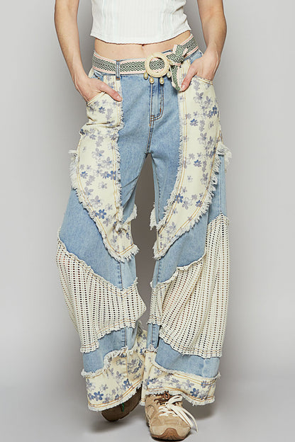 "Horseshoe" Denim Floral Print Crochet Jeans