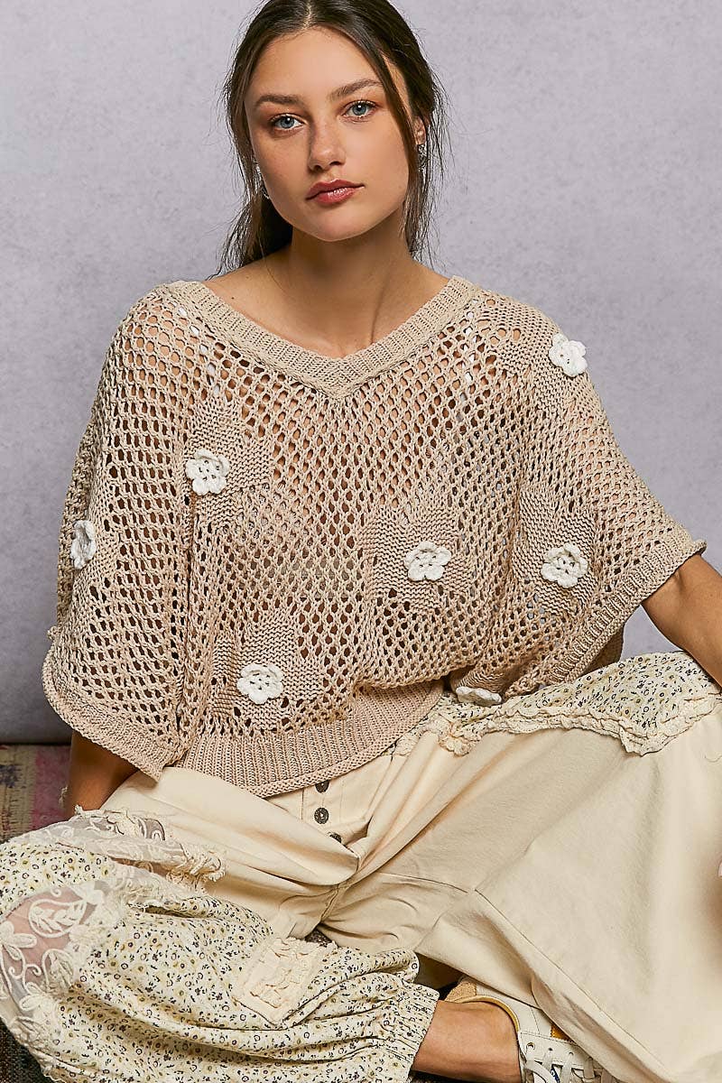 "Bloomin' Filly" Floral Patch Open Sweater Top Sand